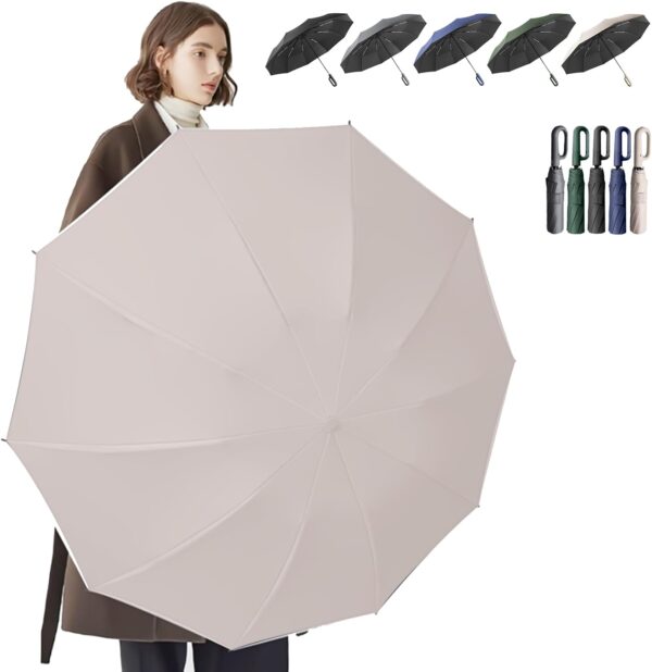 Travel Folding Golf Umbrella 10 Ribs Automatic Open/Close,Lightweight Portable Backpack Car Parasol Outdoor,Sun/Rain,Anti 99 UV Protection UPF 50,Men Women Carabiner Handle Design - Image 2