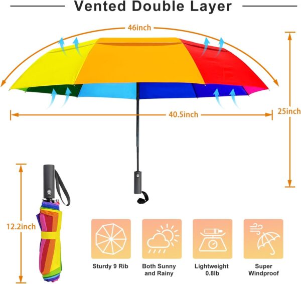 Rainbow Umbrella Folding for Adults - Double Canopy Vented Windproof Automatic Folding Travel Umbrella Rainbow Compact for Rain&Sun - Image 2
