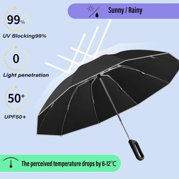 Ring Buckle Umbrella, Reflective Safety Strip, Sturdy Windproof, Reverse Automatic Umbrella, Ring Buckle Fully Automatic Umbrella, Travel Portable, Compact Folding Travel Umbrella (Gray) - Image 3
