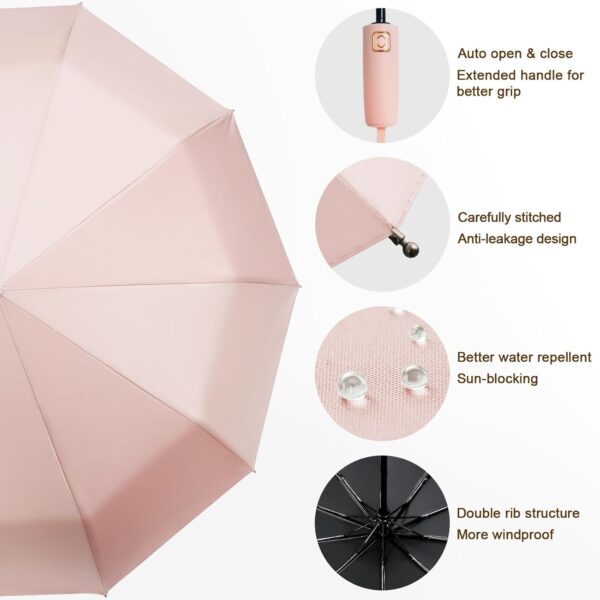2-Pack Windproof, Waterproof, UV-Blocking Portable Travel Umbrella, Compact Sun & Rain Folding Umbrella, Double Rib Structure, Large Auto Open and Close Car Umbrella - Image 4