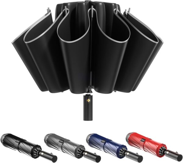 Inverted Umbrella - 48Inch Large Windproof Umbrella with Reflective Stripe - Travel Auto Reverse Umbrellas for Rain with case
