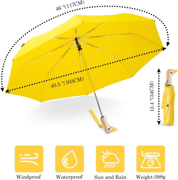 Cute Duck Umbrella Automatic - Compact Pretty Pocket Size Strong Duck Collapsible Umbrella Yellow Wooden Handle for Women - Image 3