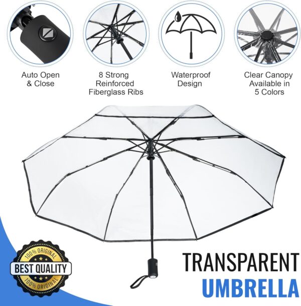 Clear, Windproof Travel Umbrella for Rain - One-Click Auto Open and Close, Durable & Compact Umbrella, Strong Fiberglass Frame, Waterproof Canopy - Backpack, Purse, Portable Umbrella for Travel - Image 2
