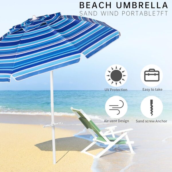 Aoxun Beach Umbrella with Tilt Pole, Portable Sand Anchor and Carry Bag, UPF 50+ Sun Shelter Air Vents Design for Outdoor Activities (Navy Blue & White), 6.5ft - Image 3