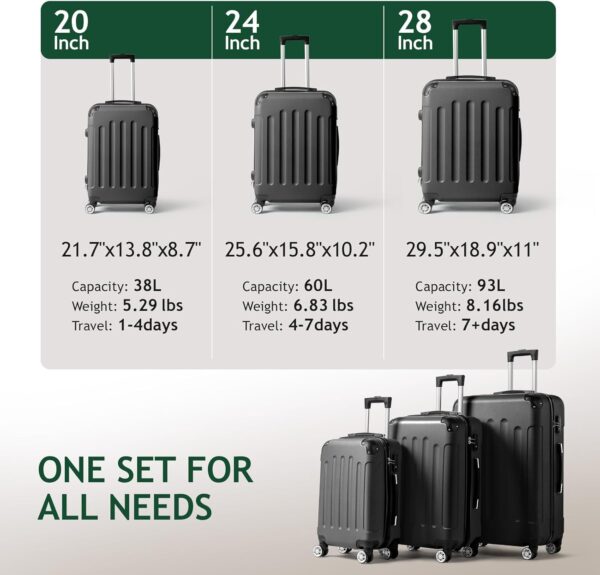 Karl home 3-Piece Luggage Set Travel Lightweight Suitcases with Rolling Wheels, TSA lock & Moulded Corner, Carry on Luggages for Business, Trip, Black (20"/24"/28") - Image 3
