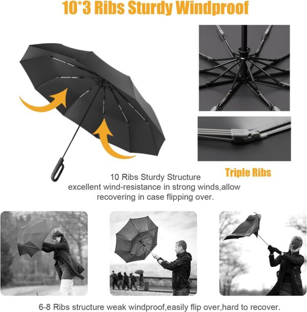 Travel Folding Golf Umbrella 10 Ribs Automatic Open/Close,Lightweight Compact Portable Backpack Car Parasol Outdoor,Sun/Rain,Anti 99 UV Protection UPF 50,Men Women Carabiner Handle Design - Image 4