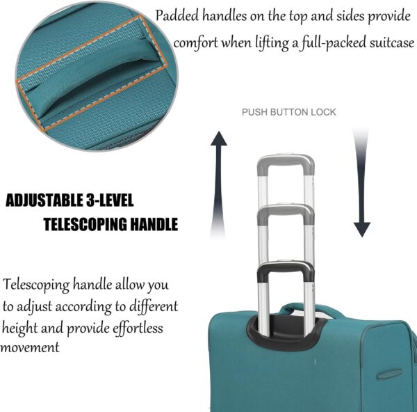 Luggage Sets 3Piece Softside Extra Large Size Expandable Lightweight Durable Suitcase Sets Double Spinner Wheels Combination Lock Blue Luggage For Overseas Journey(21in/25in/29in)(Teal) - Image 2