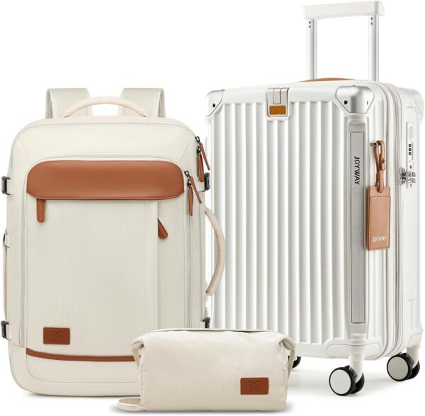 Joyway 20in Carry On Luggage with Cup Holder and USB Port, 25% Expandable Capacity, Smart Suitcase with Anti Slip Wheels and Backpack, Perfect for Men and Women 3 Piece Set White