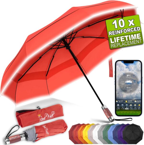 Royal Walk Windproof Folding Travel Umbrella Compact and Strong Luxurious Real Wood Handle Automatic Open Close Vented Double Canopy for Men and Women