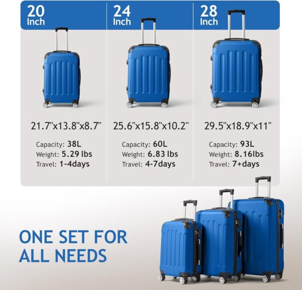 Karl home 3-Piece Luggage Set Travel Lightweight Suitcases with Rolling Wheels, TSA lock & Moulded Corner, Carry on Luggages for Business, Trip, Dark Blue (20"/24"/28") - Image 5