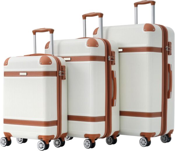 3 Piece ABS Hard Shell Suitcase Luggage Set with TSA Lock and Durable Corner Guards 8 Wheels Suitcase for Effortless Trave (White and Brown)