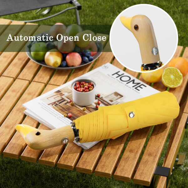 Cute Duck Umbrella Automatic - Compact Pretty Pocket Size Strong Duck Collapsible Umbrella Yellow Wooden Handle for Women - Image 5