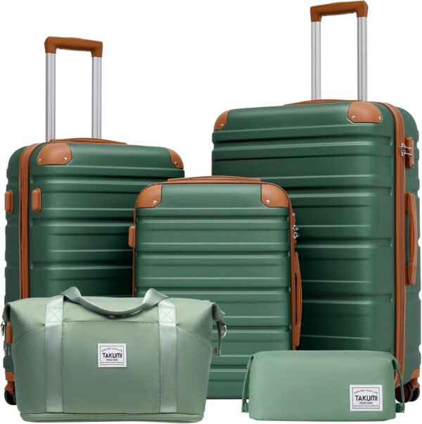 TAKUMI Luggage Set 5 Piece with Duffel Bag ABS Hardshell Suitcase Set with Double Spinner Wheels Travel Lugagge with TSA Lock Lightweight Carry On Suitcase (GREEN BROWN, 5 PIECE SET)