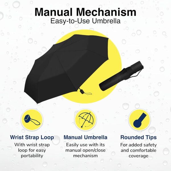 Weather Station Mini Manual Rain Umbrella, Windproof, Lightweight and Packable for Travel, Full 42 Inch Arc, Black - Image 3