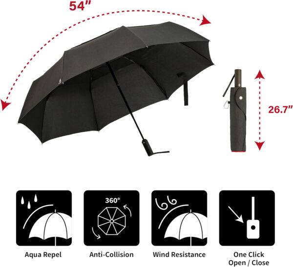 Portobello Large Umbrella For Rain - Big 54 Inch Double Vented Canopy, Folds Into Travel Size, Big Enough To Fit In 2 Adults, Heavy Duty, Sturdy, Windproof W/Auto Open Close - Image 3
