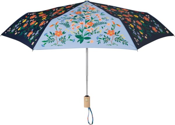 RIFLE PAPER CO. Umbrella, Matching Storage Sleeve, Portable, Auto Open and Close, Wooden Handle, Printed in Full Color
