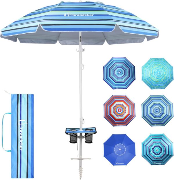 Grandekor 7FT Beach Umbrellas for Sand Heavy Duty Wind Portable Beach Umbrella with Table Travel Beach Umbrella with Carry Bag Sun Umbrella Beach, UV 50+