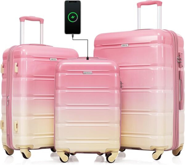Merax 3 Luggage Set, ABS Hardshell Suitcases Spinner Wheels with USB Port, Pink and Yellow, 20/24/28 Inch