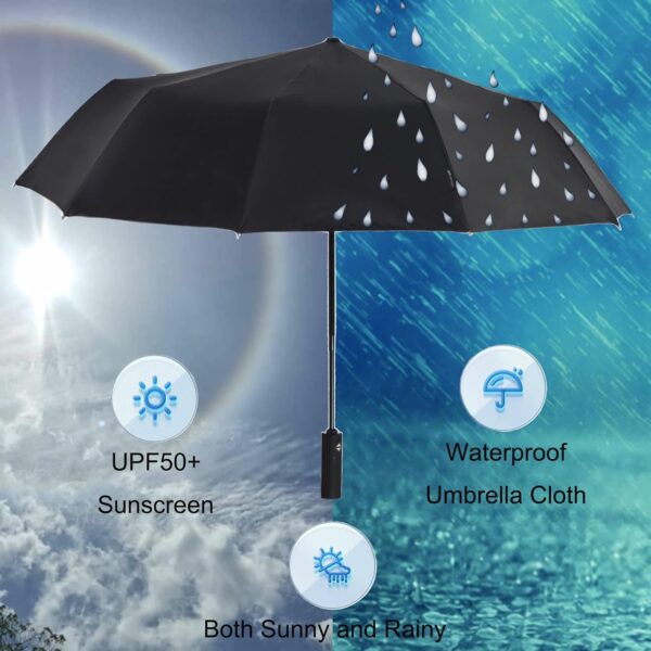 Windproof Travel Umbrella, Rain Sun and UV Resistant Auto Open Close Compact Portable Folding Umbrella for Car, Backpack, Men and Women, Black - Image 4