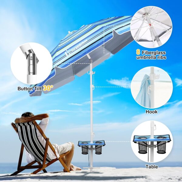 Grandekor 7FT Beach Umbrellas for Sand Heavy Duty Wind Portable Beach Umbrella with Table Travel Beach Umbrella with Carry Bag Sun Umbrella Beach, UV 50+ - Image 4