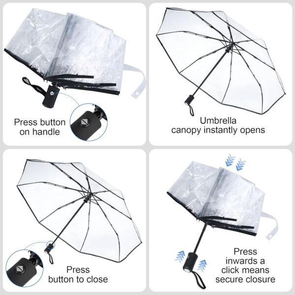 Clear, Windproof Travel Umbrella for Rain - One-Click Auto Open and Close, Durable & Compact Umbrella, Strong Fiberglass Frame, Waterproof Canopy - Backpack, Purse, Portable Umbrella for Travel - Image 3