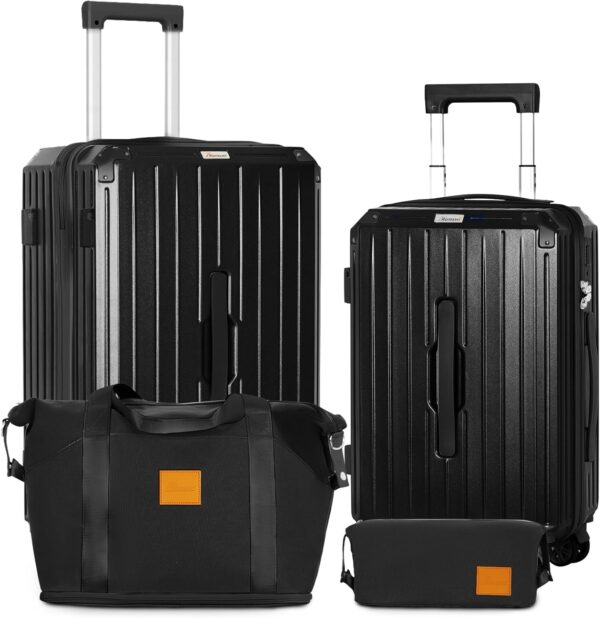 Romswi 4-Piece Luggage Set with Cup Holder TSA Lock, 20" 28" Hardside Spinner Suitcase with Duffel Bag, Lightweight Durable PC+ABS Black Travel Luggage