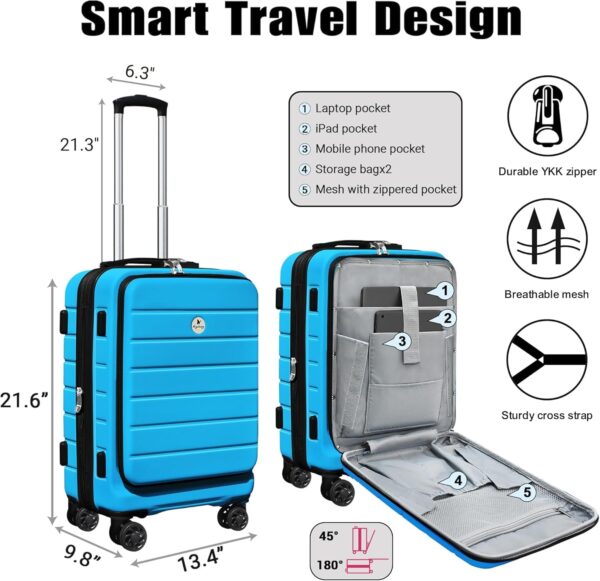 Classic 20" Carry-On Luggage Set with TSA Lock Spinner Wheels, Lightweight Hardside Expandable Suitcase with Front Open Pocket Compartment, Bonus Travel Backpack and Makeup Bag, Blue - Image 2