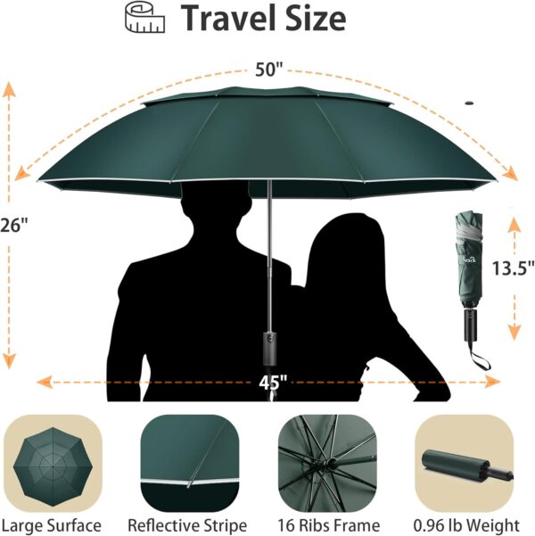 Urvoix Travel Umbrella Compact Windproof - Vented Double Canopy Umbrellas for Rain, Portable Umbrella Inverted Automatic Open Close with Reflective Strip - Image 2