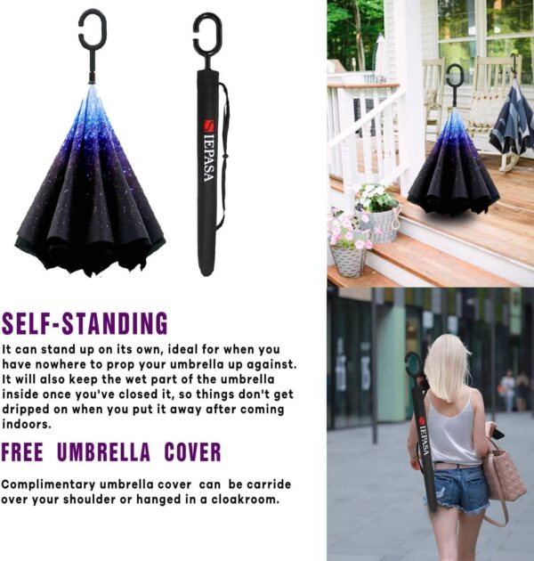 SIEPASA 49/56 Inch Inverted Reverse Upside Down Umbrella, Extra Large Double Canopy Vented Windproof Waterproof Stick Golf Umbrellas with C-shape Handle. - Image 8