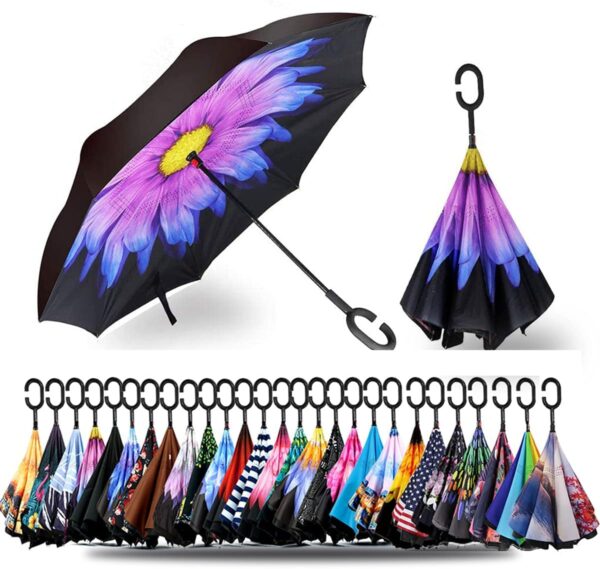 SIEPASA 49/56 Inch Inverted Reverse Upside Down Umbrella, Extra Large Double Canopy Vented Windproof Waterproof Stick Golf Umbrellas with C-shape Handle.