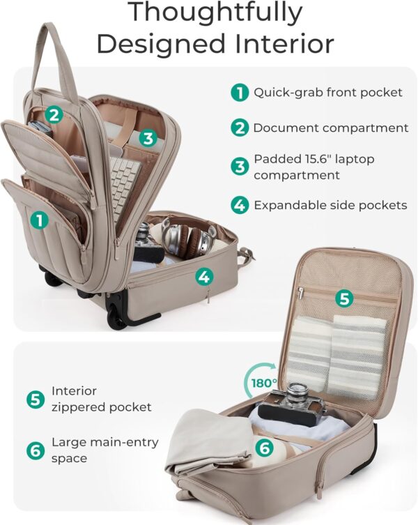 BAGSMART Underseat Carry on Luggage with Wheels, 16-inch Under Seat Luggage, Lightweight Travel Luggage Travel Suitcase for Women, Personal Item Bag, Brown - Image 5