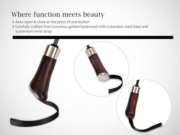 (Designed in UK) Travel Umbrella Luxurious Golden Hardwood Handle Auto Open & Close Windproof Frame Single Canopy Automatic Folding Umbrella Men's & Ladies - Image 2