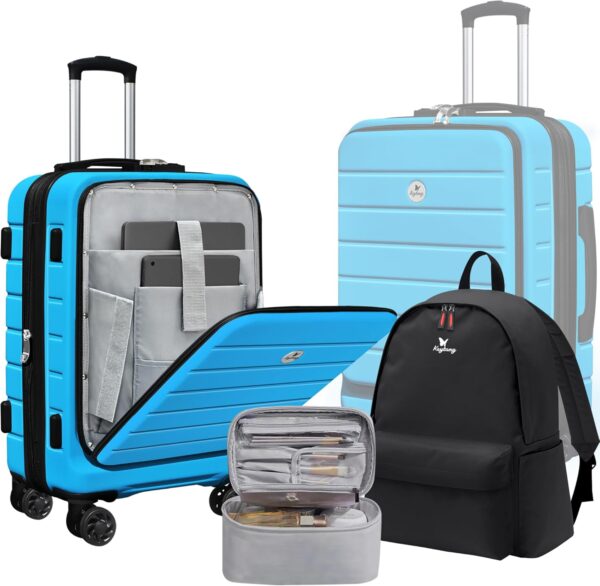 Classic 20" Carry-On Luggage Set with TSA Lock Spinner Wheels, Lightweight Hardside Expandable Suitcase with Front Open Pocket Compartment, Bonus Travel Backpack and Makeup Bag, Blue