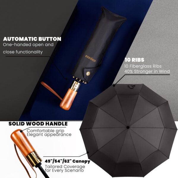 SIEPASA 49/54/62 Inch Windproof Golf Umbrella - Automatic Open/Close, Real Wood Handle - Large Folding Travel Umbrella for Wind, Rain & Sun Protection. - Image 6