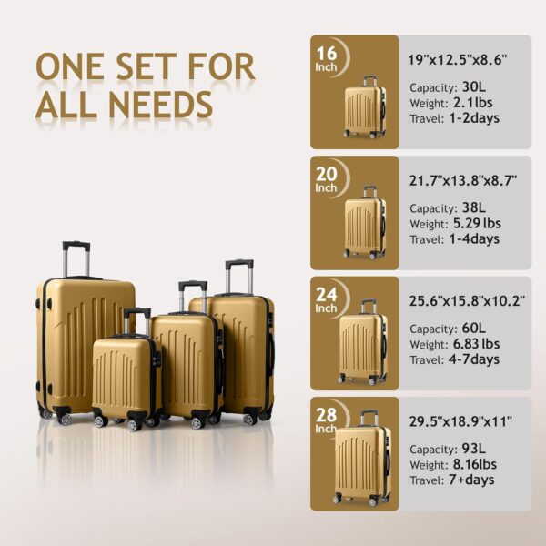 Karl home Luggage Set of 4 Hardside Suitcase Sets with TSA Lock 4 Spinner Wheels, ABS Lightweight Trolley Travel Case for Carry On Check-in Business Trip, Yellow (16/20/24/28) - Image 3