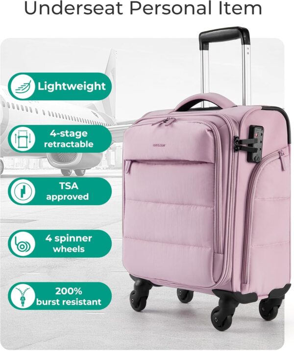 BAGSMART Underseat Carry on Luggage with Wheels, Soft Underseat Travel Luggage with PVC Wet/Dry Pockets, Lightweight Soft Personal Item Suitcase for Short Trip, Pinkish Purple - Image 2
