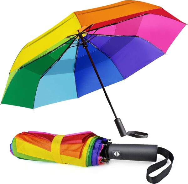 Rainbow Umbrella Folding for Adults - Double Canopy Vented Windproof Automatic Folding Travel Umbrella Rainbow Compact for Rain&Sun