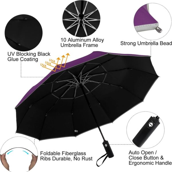 Satol Extra Large Golf Umbrella, 46/54/62 Inch Windproof 10 Ribs Vented Double Canopy Reflective Strips Automatic Open/Close Waterproof UV Protection Portable Compact Umbrella for Outdoor & Travel - Image 5