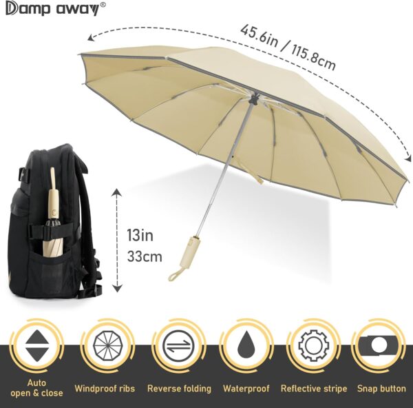 Windproof Travel Umbrella for Rain, Large Portable Reverse Folding Car Umbrella, Inverted Design, Compact Auto Open Close with Durable Waterproof Canopy, Fits Backpack/Women Men, 45.6 Inch - Image 6