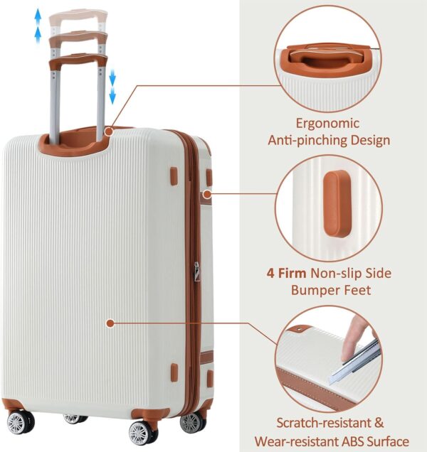 3 Piece ABS Hard Shell Suitcase Luggage Set with TSA Lock and Durable Corner Guards 8 Wheels Suitcase for Effortless Trave (White and Brown) - Image 3
