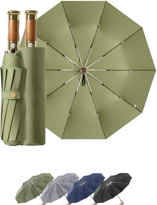 Rain Cats Large 46/50 Inch Umbrellas for rain Strong10 Ribs Fiberglass Umbrella Windproof Wabig Compact Automatic portable Folding Travel Thick Fabric Wood handle