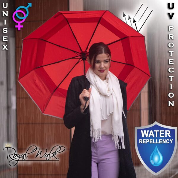 Royal Walk Windproof Folding Travel Umbrella Compact and Strong Luxurious Real Wood Handle Automatic Open Close Vented Double Canopy for Men and Women - Image 6