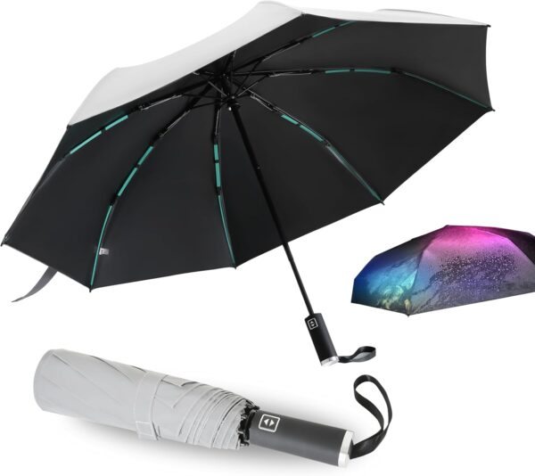 GUARAY Reflective Umbrella, Strong Windproof Travel Umbrella wih 24 Ribs (8 * 3), Portable Folding Compact Sun & Rain Umbrellas, Car Backpack Automatic Umbrellas for Rain, wind and UV Protection