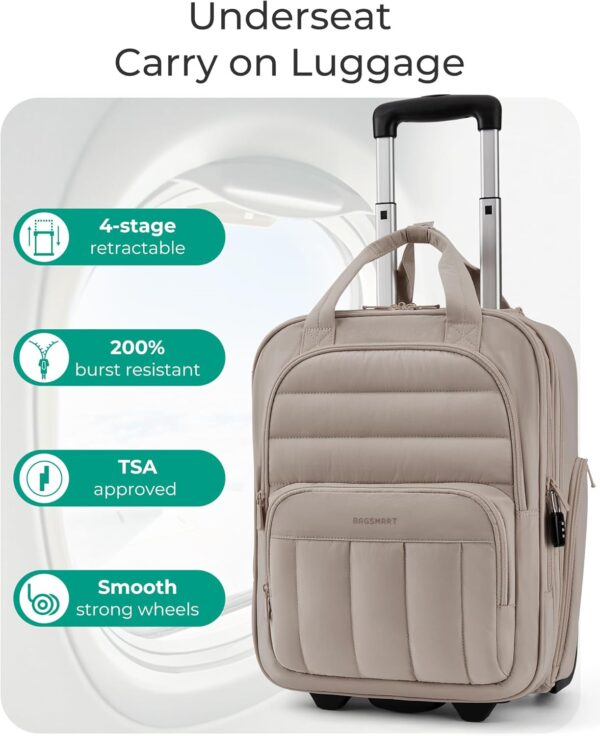 BAGSMART Underseat Carry on Luggage with Wheels, 16-inch Under Seat Luggage, Lightweight Travel Luggage Travel Suitcase for Women, Personal Item Bag, Brown - Image 2