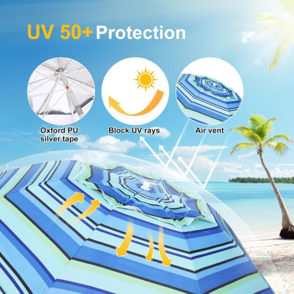 Grandekor 7FT Beach Umbrellas for Sand Heavy Duty Wind Portable Beach Umbrella with Table Travel Beach Umbrella with Carry Bag Sun Umbrella Beach, UV 50+ - Image 2