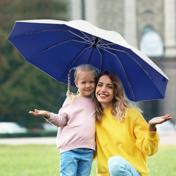 G4Free UPF 50+ UV Protection 54 Inch Large Reverse Travel Umbrella, 10 Ribs Windproof Compact Sun Blocking Inverted Car Umbrellas Automatic Open Close (Blue/Silver) - Image 7