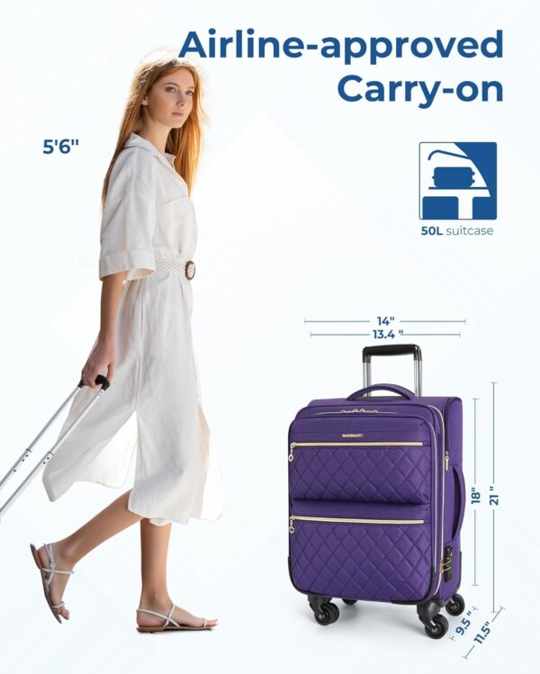 BAGSMART Softside Expandable Luggage Airline Approved with Spinner Wheels, 20 Inch Carry On Luggage 22x14x9 with TSA Lock, Quilted Rolling Suitcases for Women, Purple - Image 4