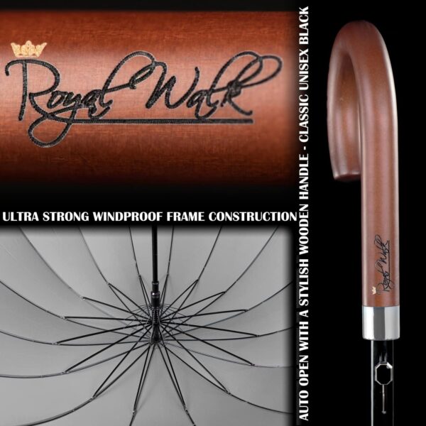 Royal Walk Windproof Large Umbrella for Rain 54 Inch Automatic Open for 2 Persons Wind Resistant Big Golf Umbrellas for Adult Men Women Classic Wooden Handle Fast Drying Strong 16 Ribs Travel 120cm - Image 3