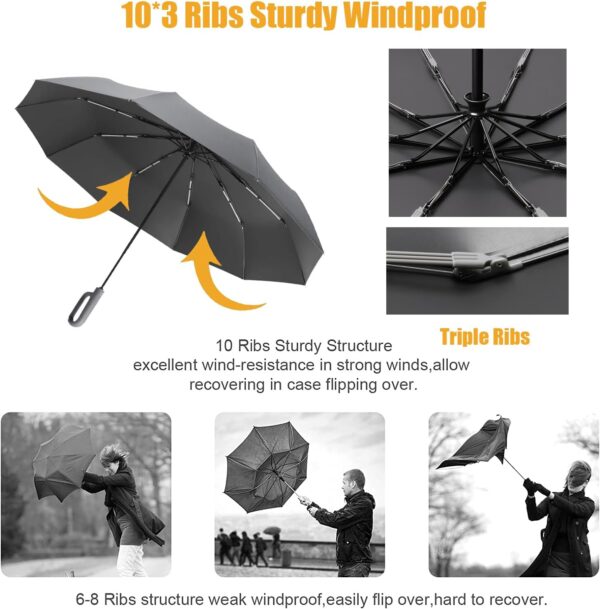 Travel Folding Golf Umbrella 10 Ribs Automatic Open/Close,Lightweight Compact Portable Backpack Car Parasol Outdoor,Sun/Rain,Anti 99 UV Protection UPF 50,Men Women Carabiner Handle Design - Image 3