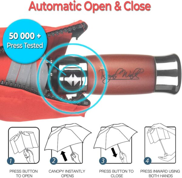 Royal Walk Windproof Folding Travel Umbrella Compact and Strong Luxurious Real Wood Handle Automatic Open Close Vented Double Canopy for Men and Women - Image 7
